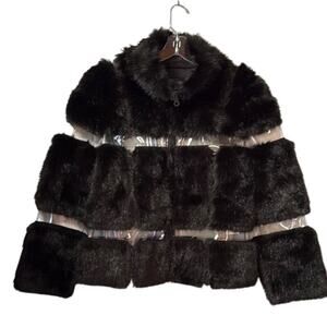 New Donna Salyers' Fabulous Furs Black Faux Fur w/Clear Plastic Y2K Goth Coat XS